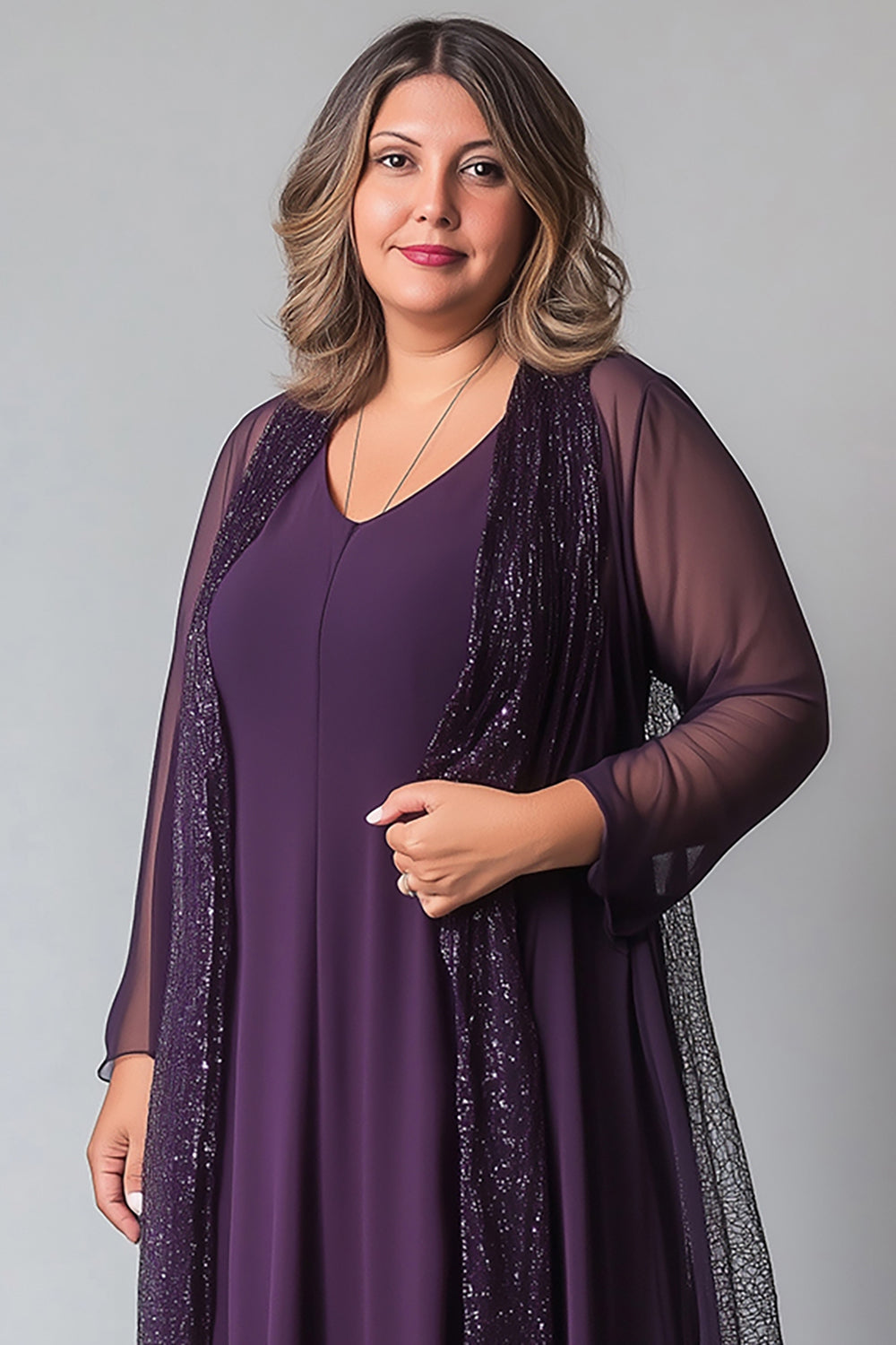 Plus Size Purple V-Neck Tea Length Jacket Mother of the Bride Dress