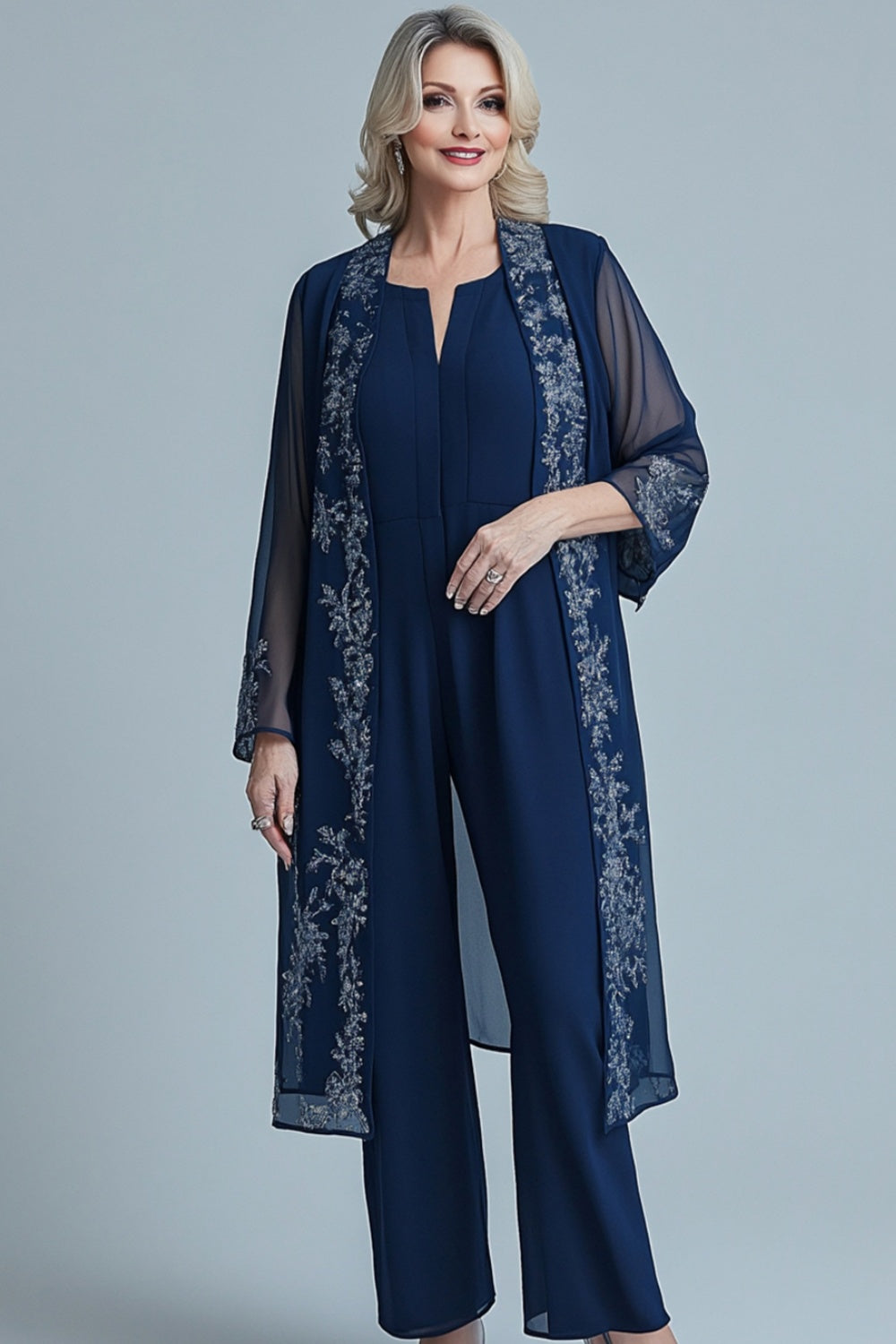 Navy Chiffon Jacket Mother of the Bride Pantsuit