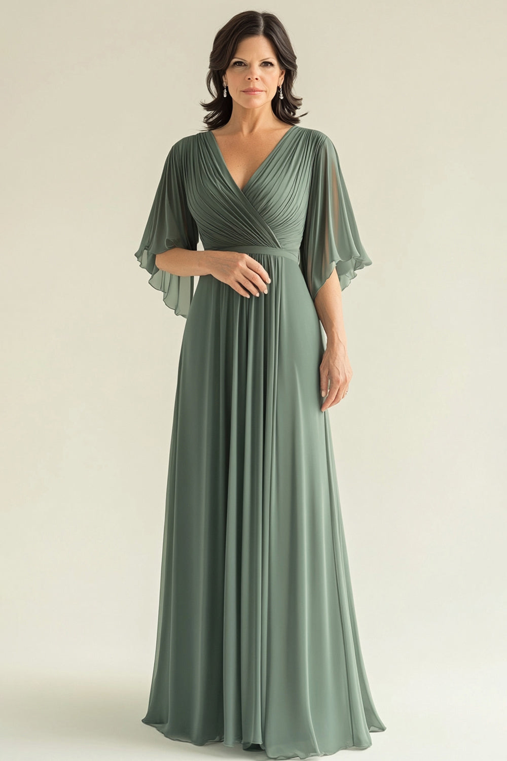 Agave A Line V-Neck Pleated Long Chiffon Mother of the Bride Dress