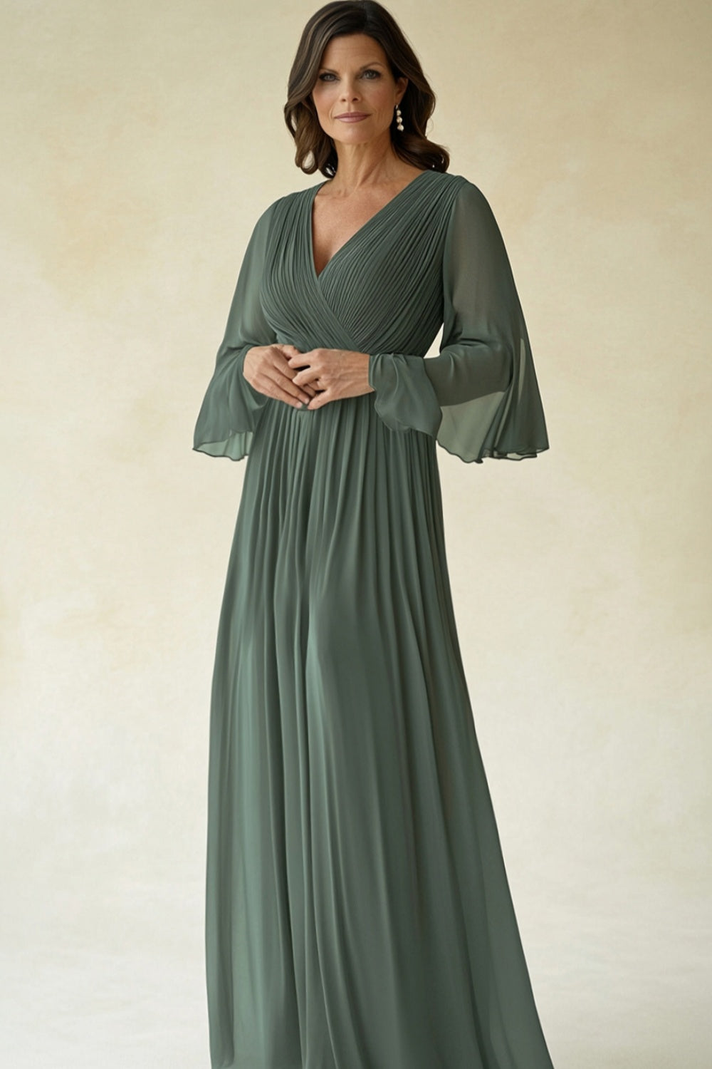 Agave A Line V-Neck Pleated Long Chiffon Mother of the Bride Dress