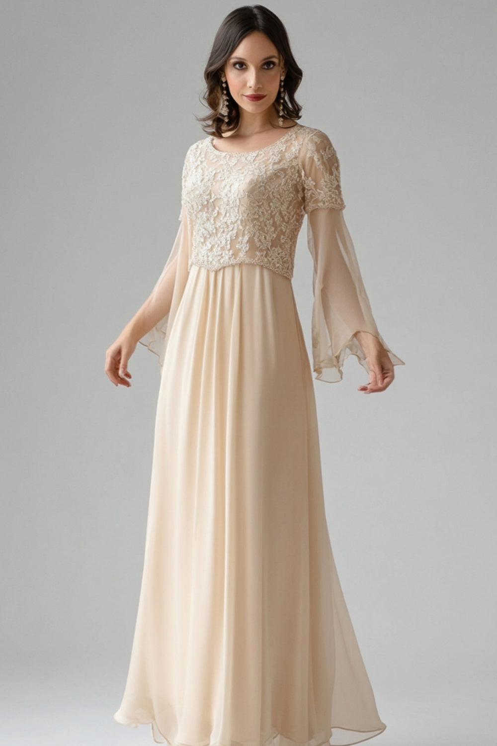 Floral Apricot A Line Chiffon Mother of the Bride Dress with Long Sleeves