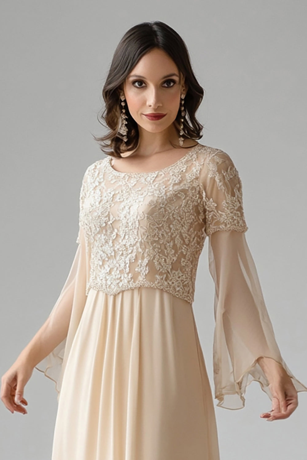 Floral Apricot A Line Chiffon Mother of the Bride Dress with Long Sleeves