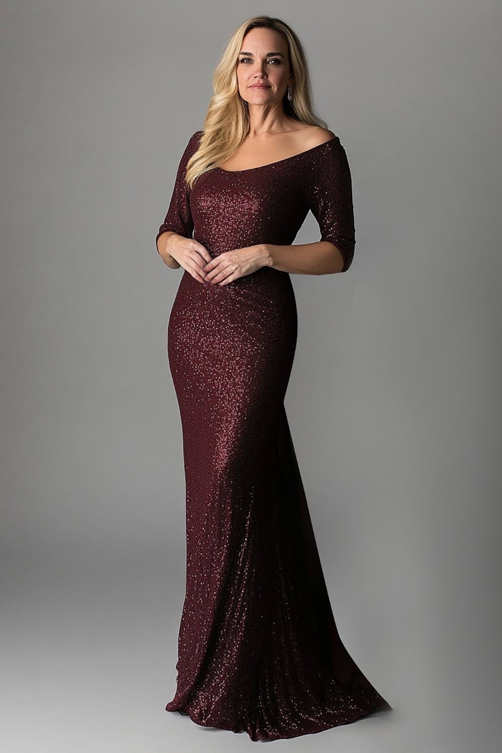 Sparkly Burgundy Off the Shoulder Sequins Mermaid Mother of the Bride Dress