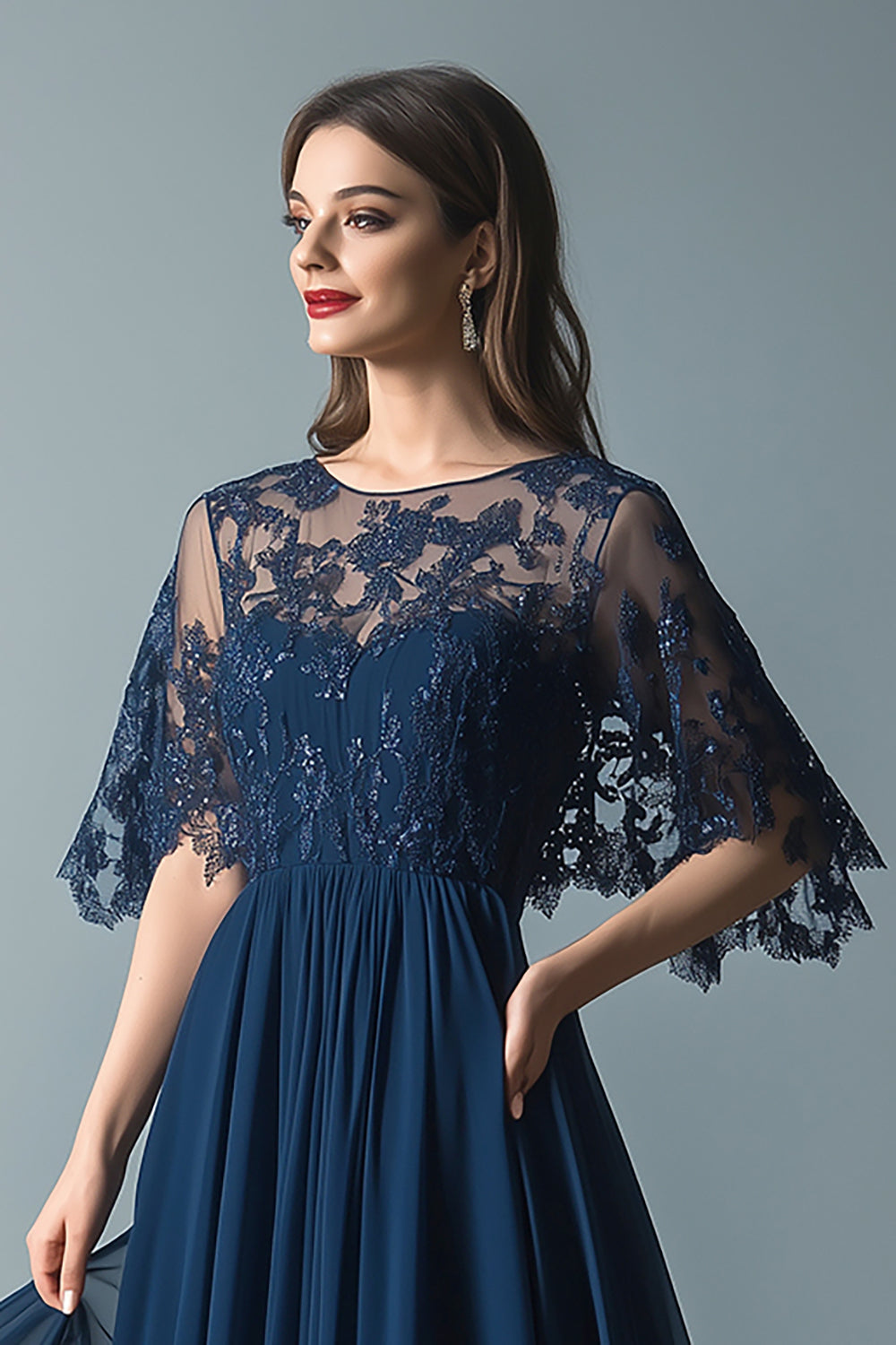 Sparkly Navy Illusion A Line Mother of the Bride Dress with Appliques