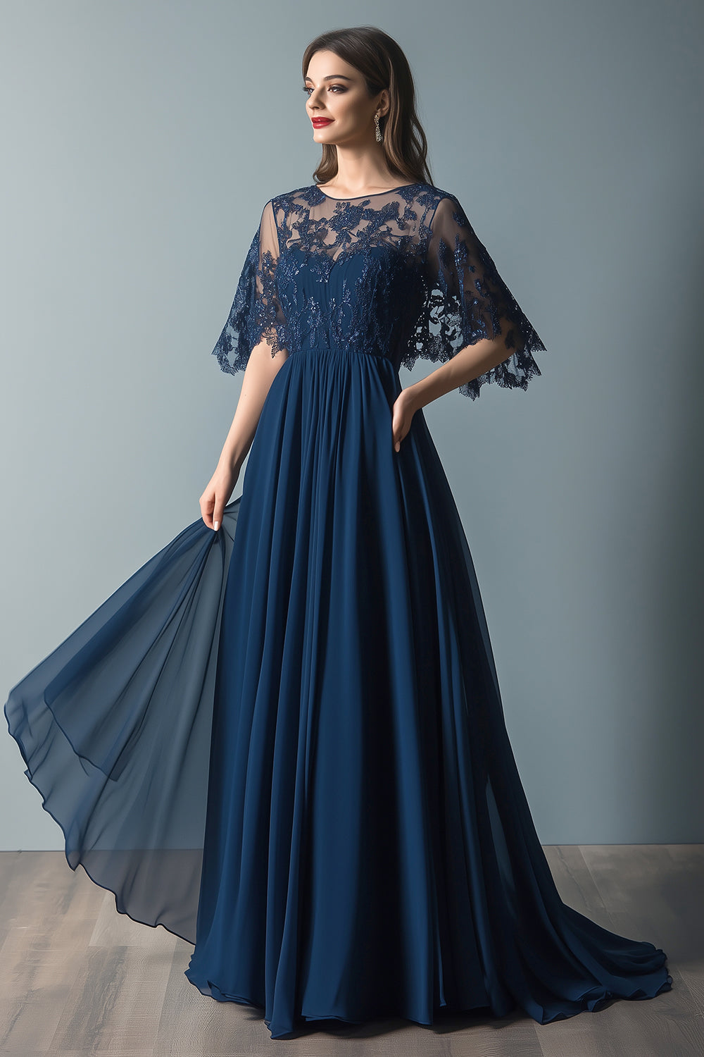 Sparkly Navy Illusion A Line Mother of the Bride Dress with Appliques