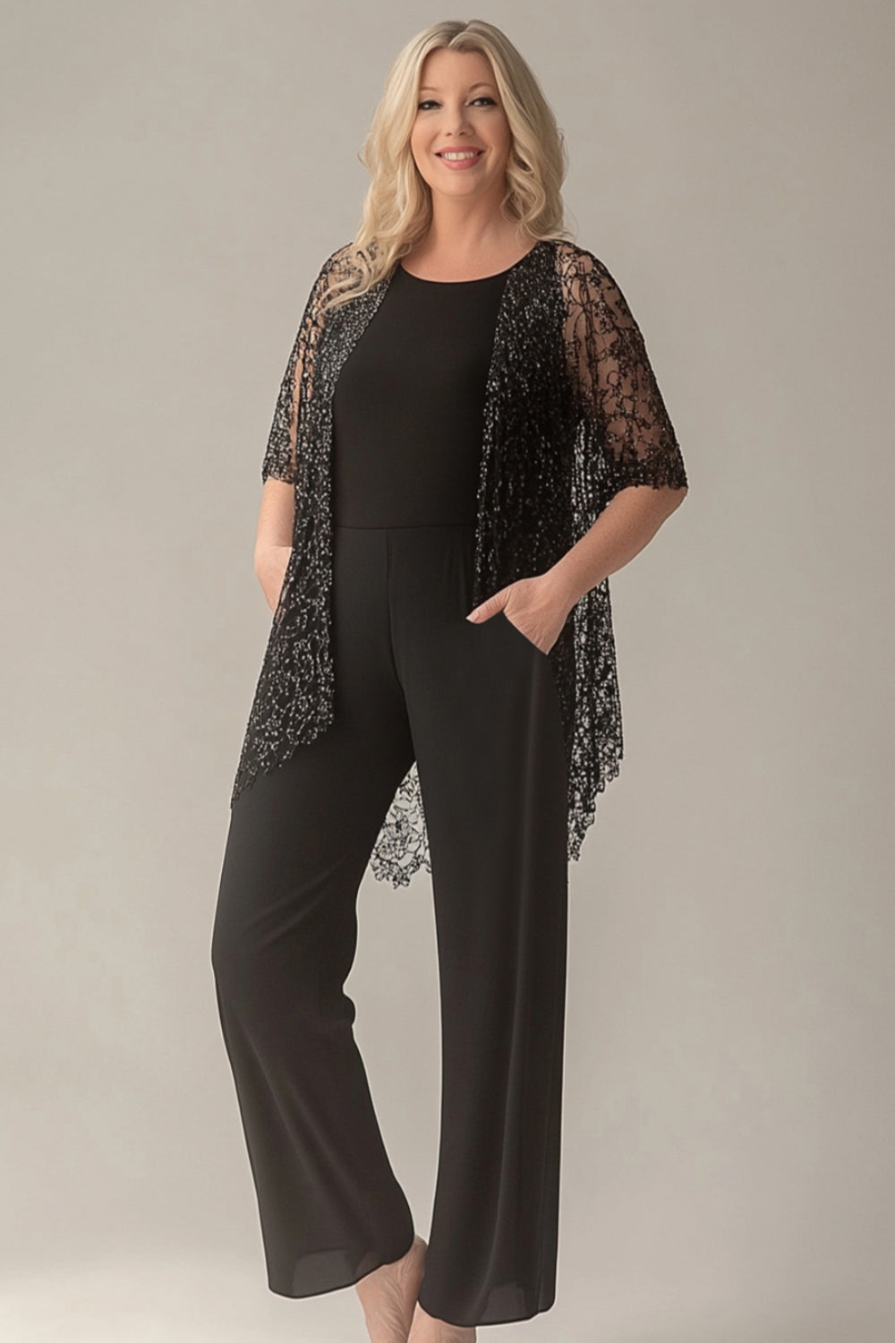 Sparkly Black Chiffon Mother of the Bride Pantsuit with Jackets