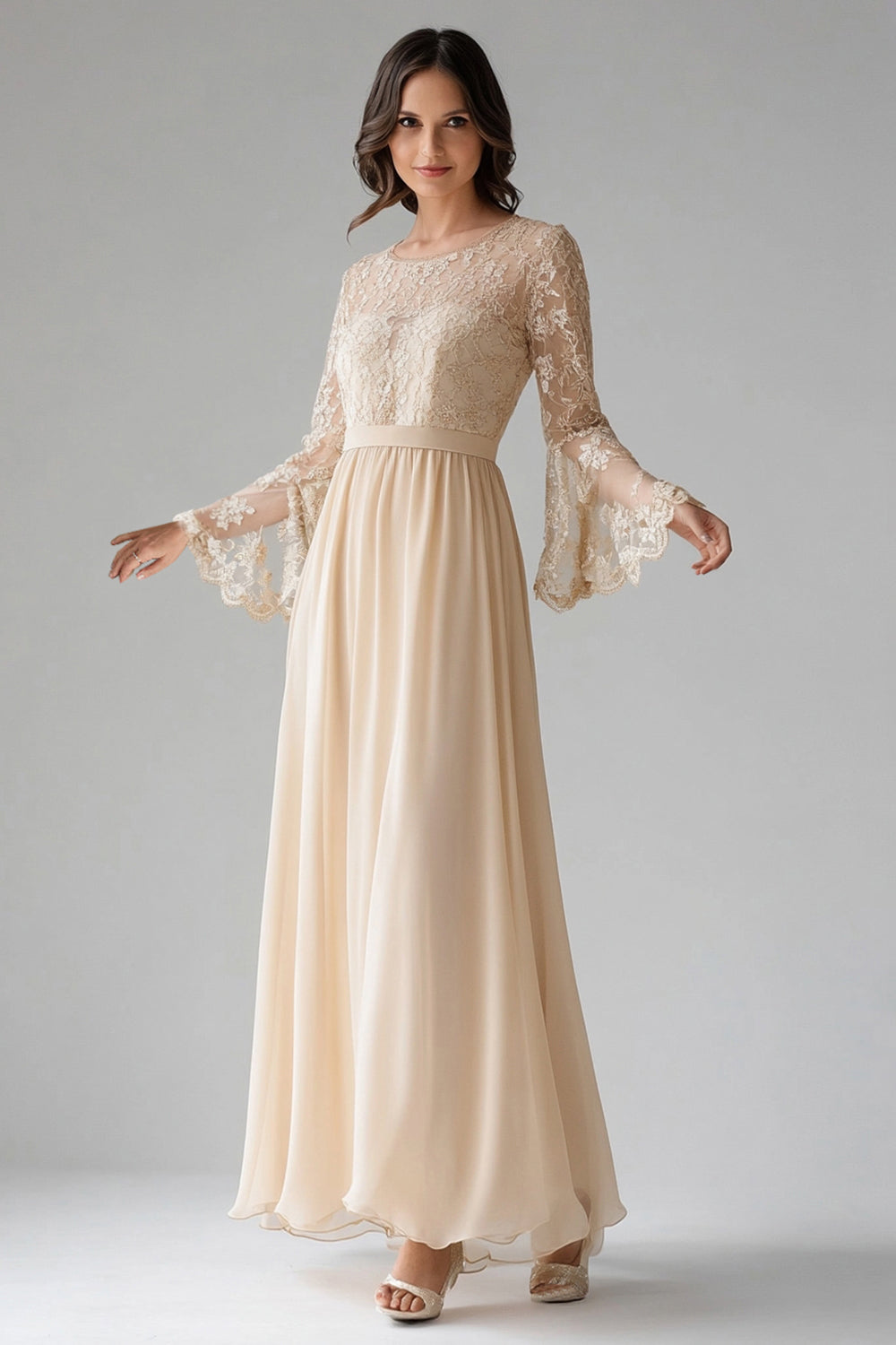 Apricot Floral A Line Pleated Long Sleeves Mother of the Bride Dress