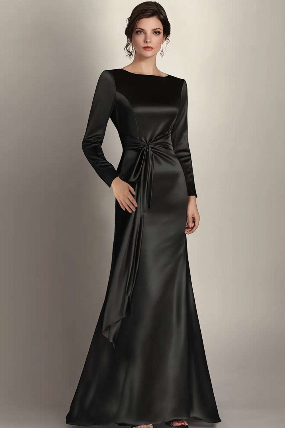 Elegant Black Satin Sheath Long Sleeves Mother of the Bride Dress