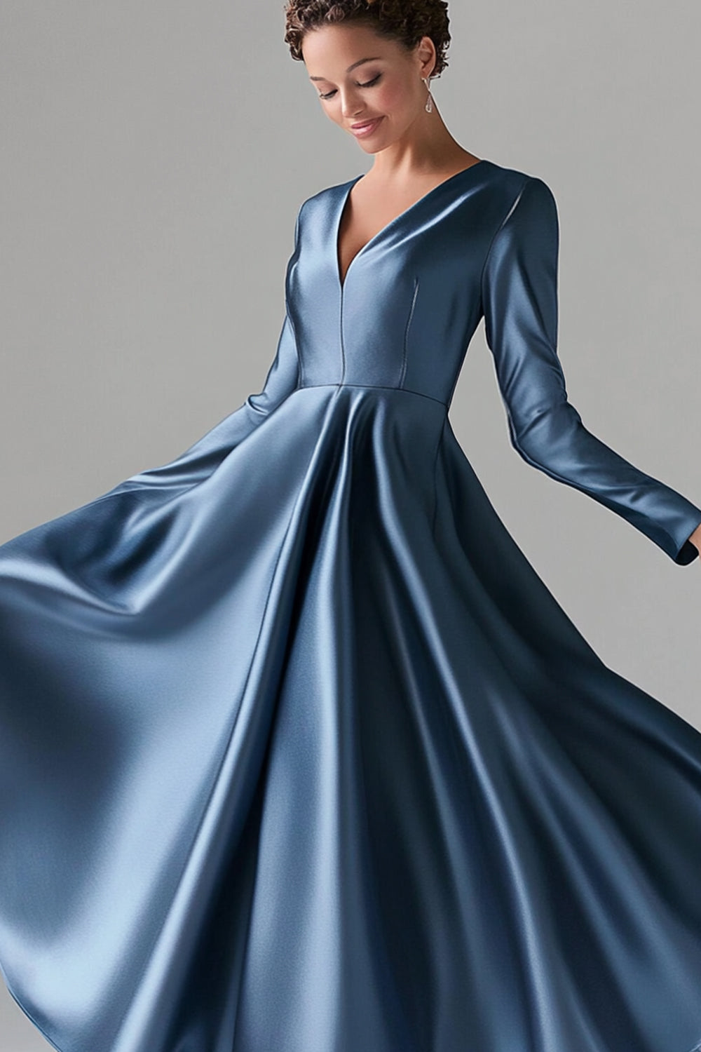 Blue A Line V-Neck Satin Long Sleeves Mother of the Bride Dress