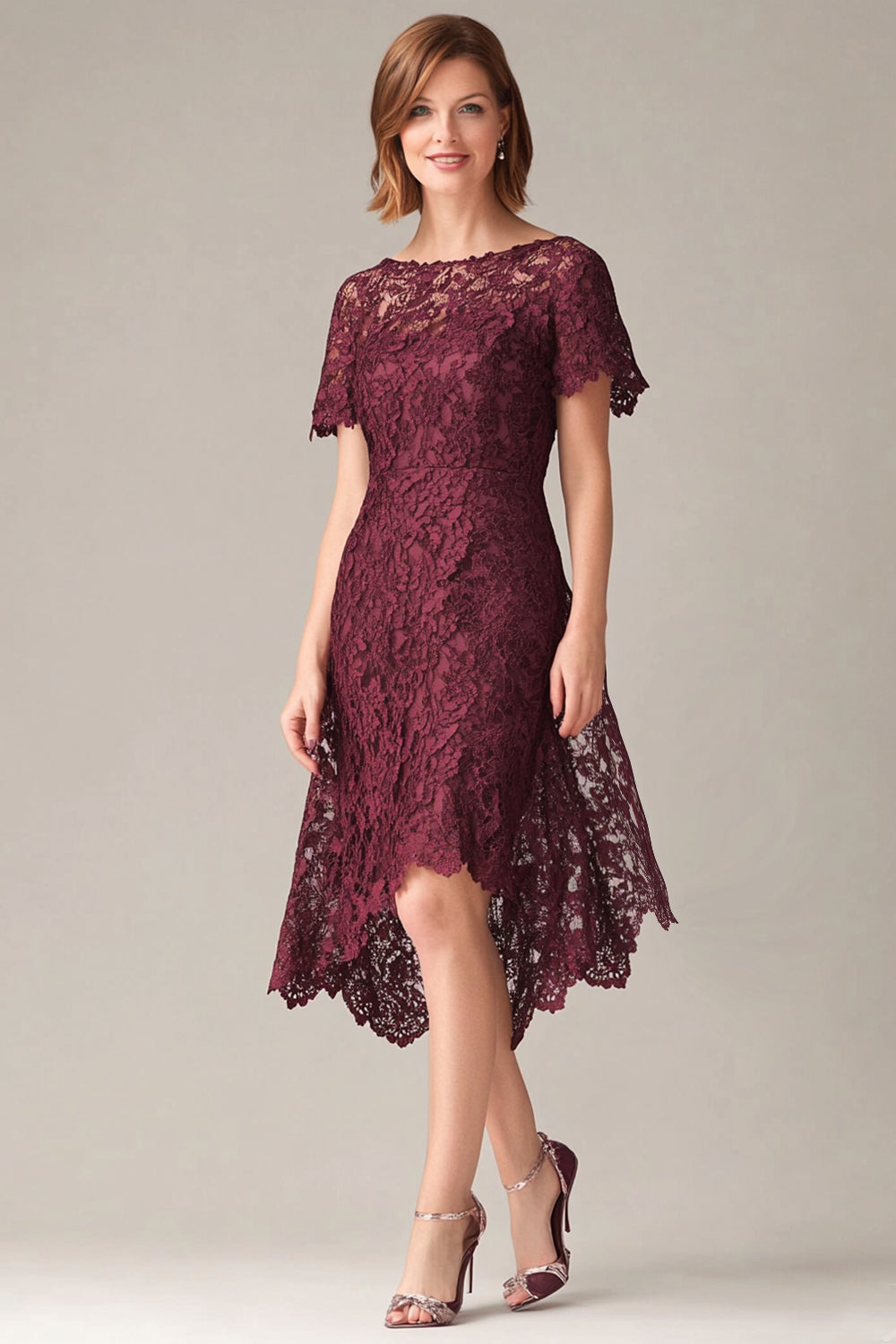 Burgundy Lace A Line Midi Mother of the Bride Dress with Short Sleeves