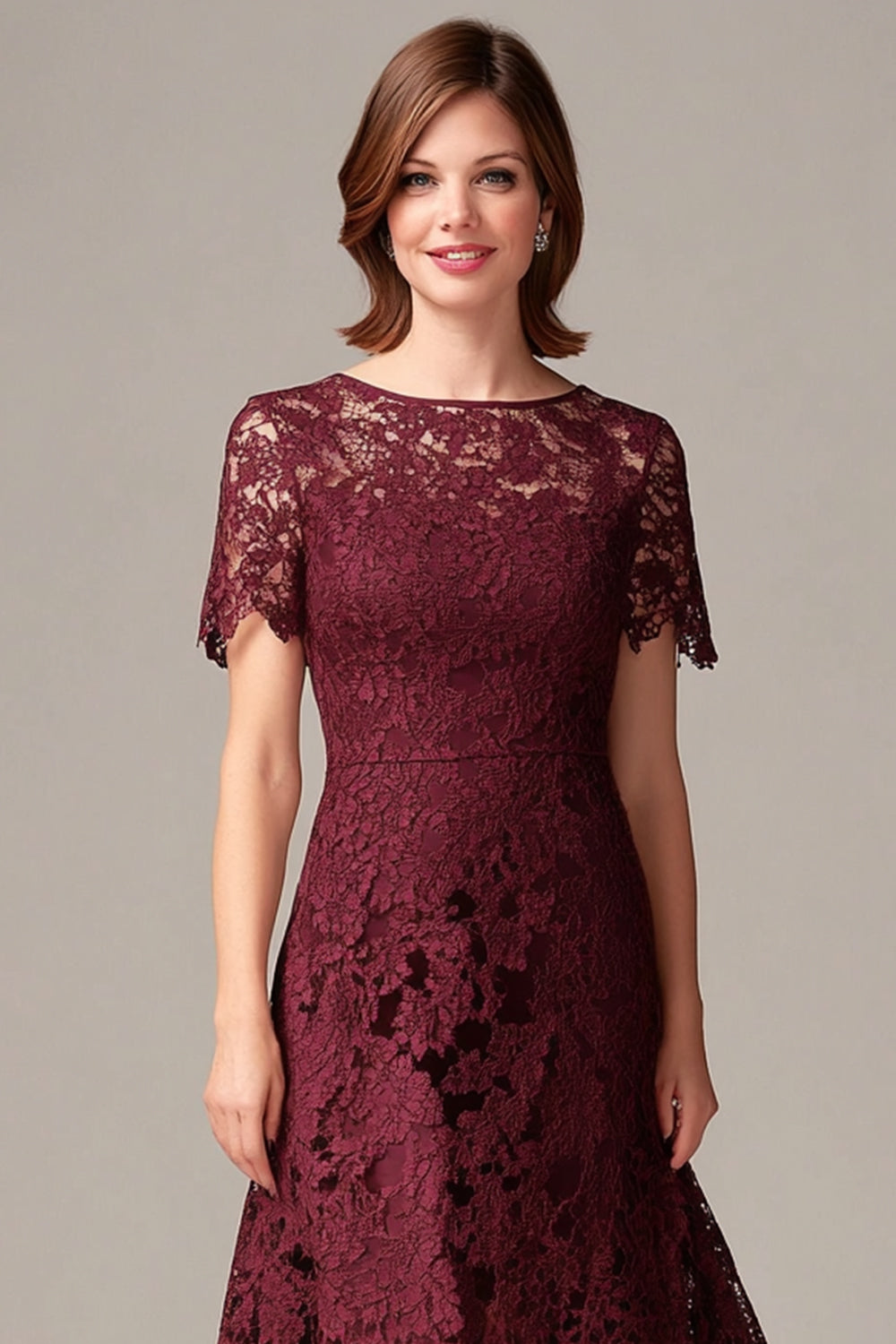 Burgundy Lace A Line Midi Mother of the Bride Dress with Short Sleeves