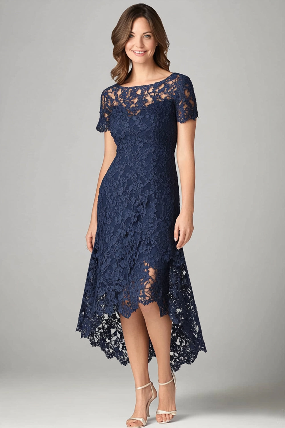 Burgundy Lace A Line Midi Mother of the Bride Dress with Short Sleeves