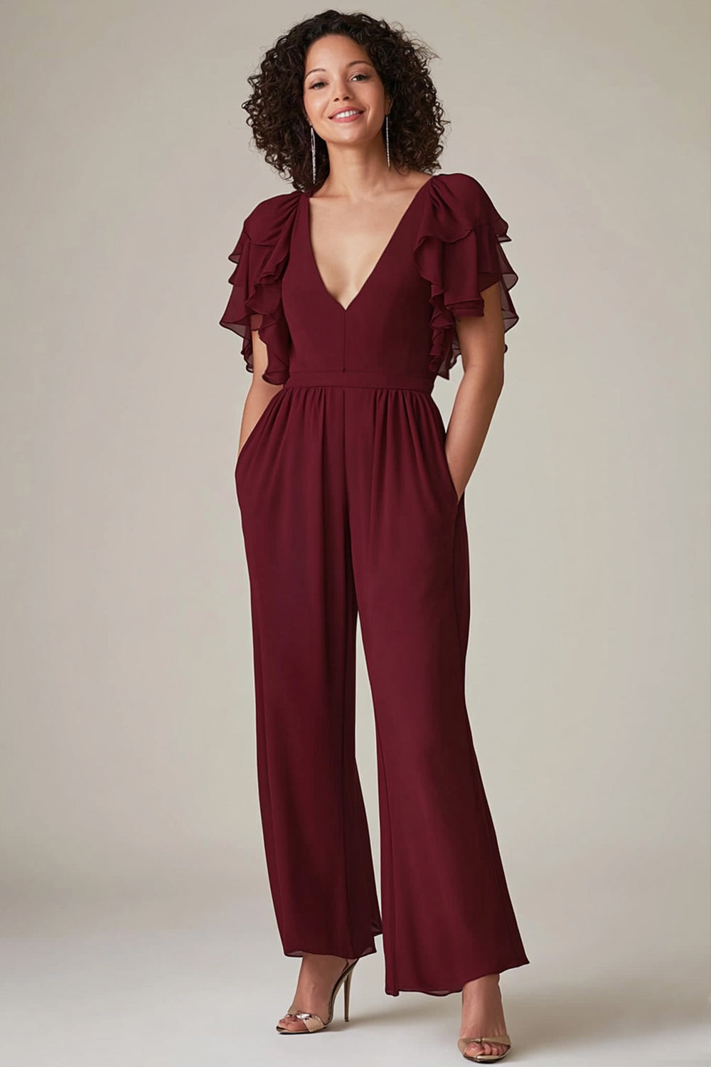 Burgundy Chiffon V-Neck Ruffled Sleeves Mother of the Pantsuit