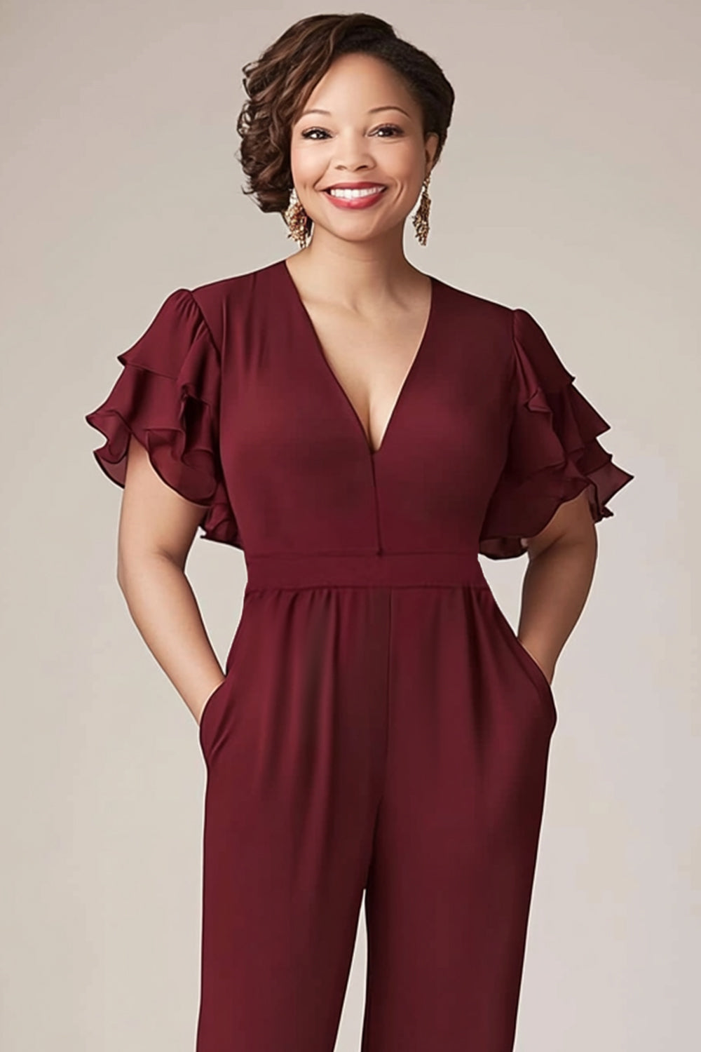 Burgundy Chiffon V-Neck Ruffled Sleeves Mother of the Pantsuit