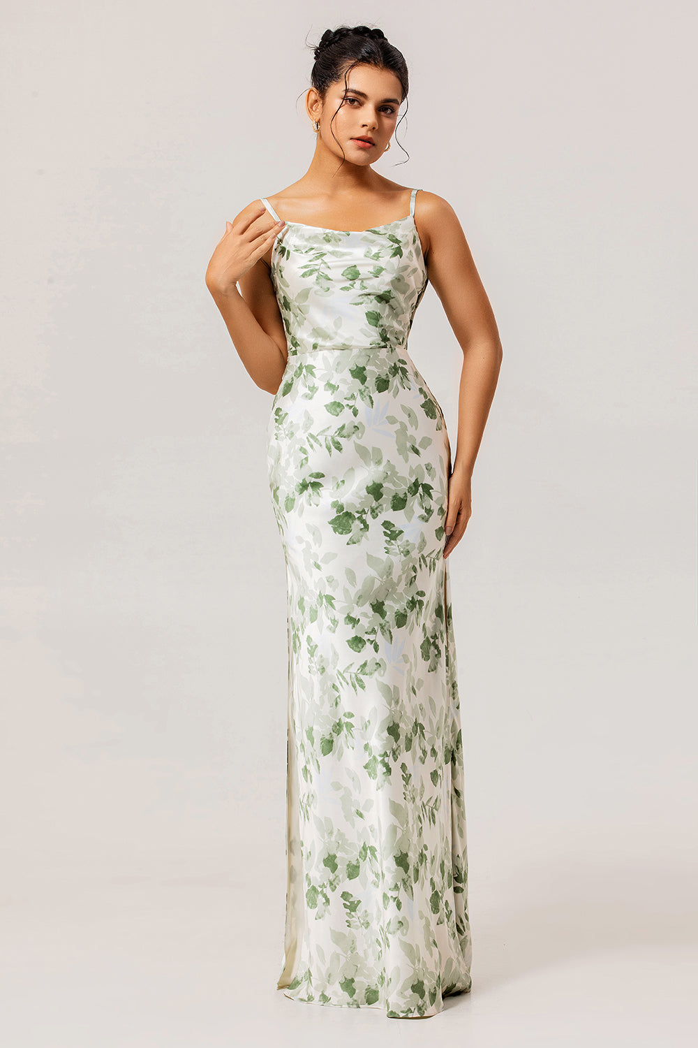 Floral Green Mermaid Spaghetti Straps Long Wedding Guest Dress with Slit