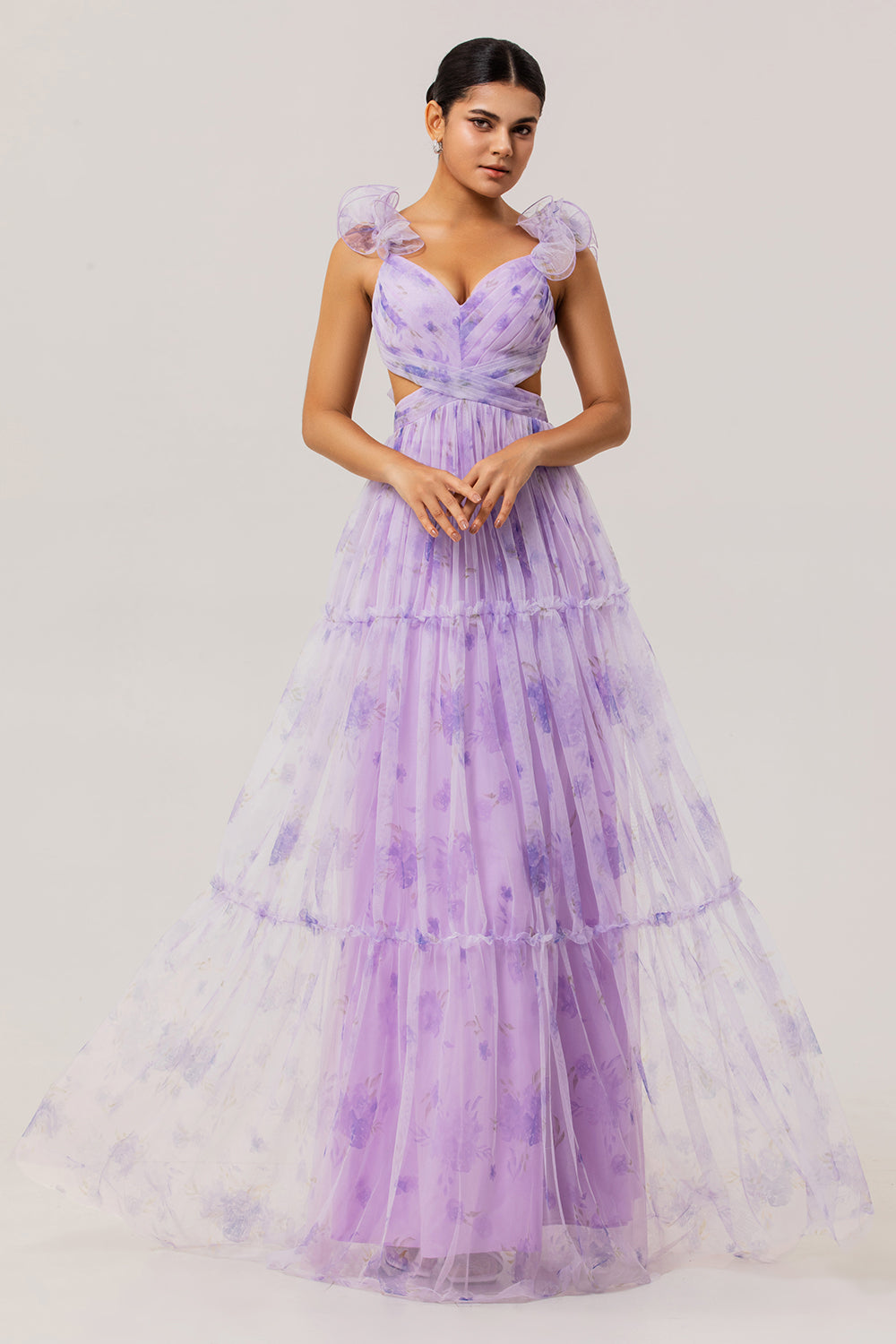 Lavender Floral Cut Out A Line Pleated Long Wedding Guest Dress