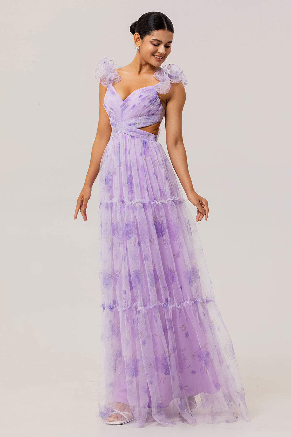 Lavender Floral Cut Out A Line Pleated Long Wedding Guest Dress