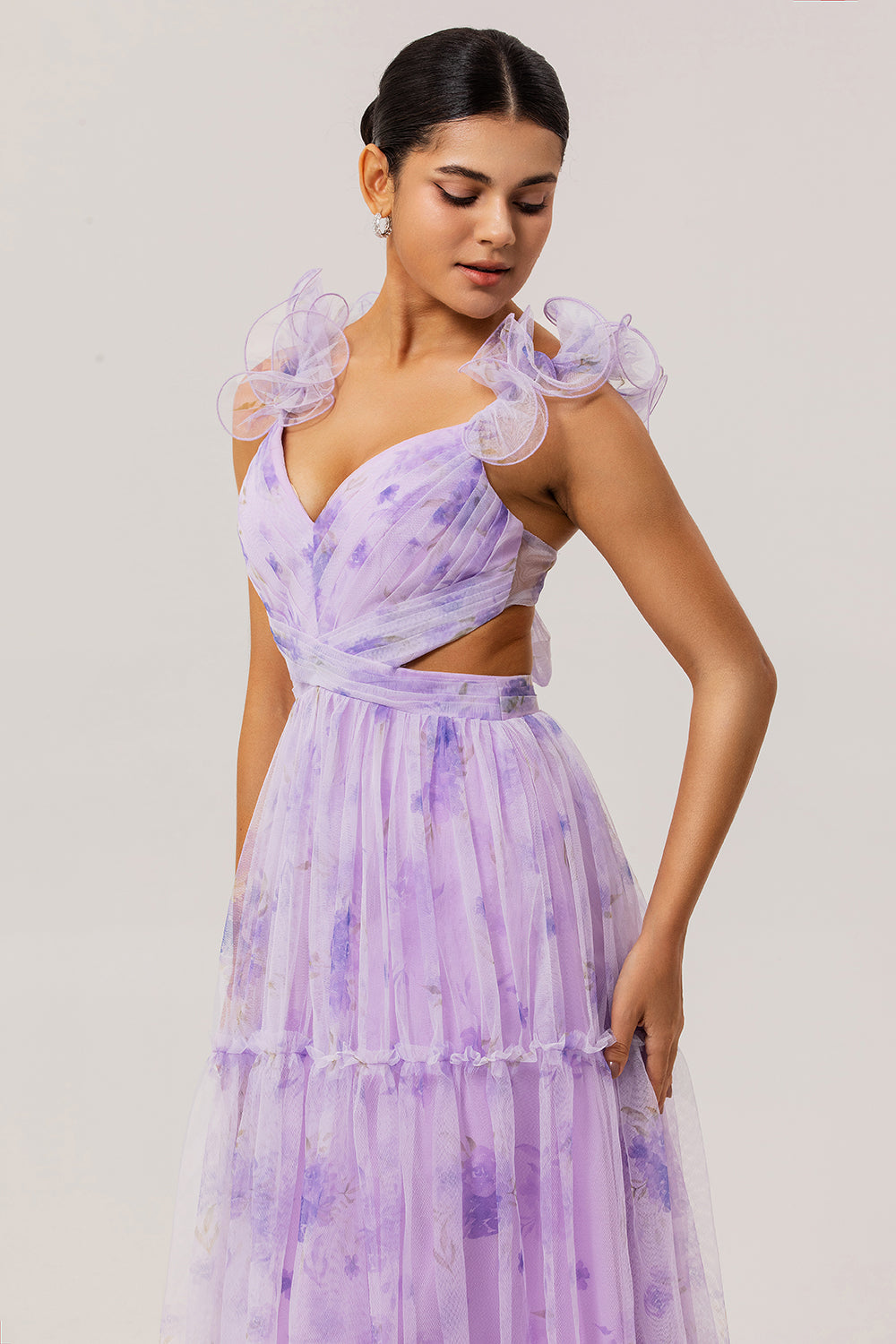 Lavender Floral Cut Out A Line Pleated Long Wedding Guest Dress