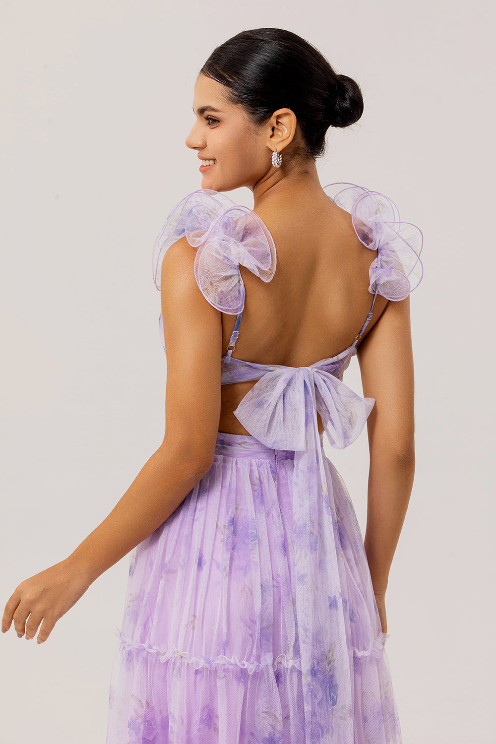 Lavender Floral Cut Out A Line Pleated Long Wedding Guest Dress
