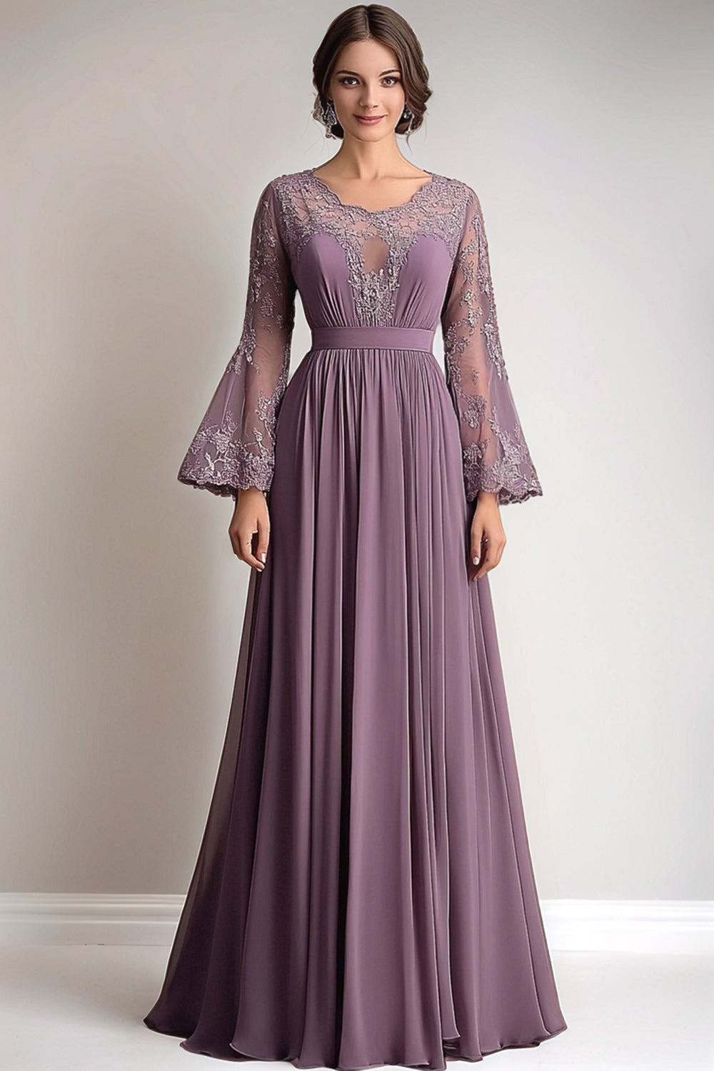 Taro Purple Chiffon Scoop Neck Long Sleeves Mother of the Bride Dress