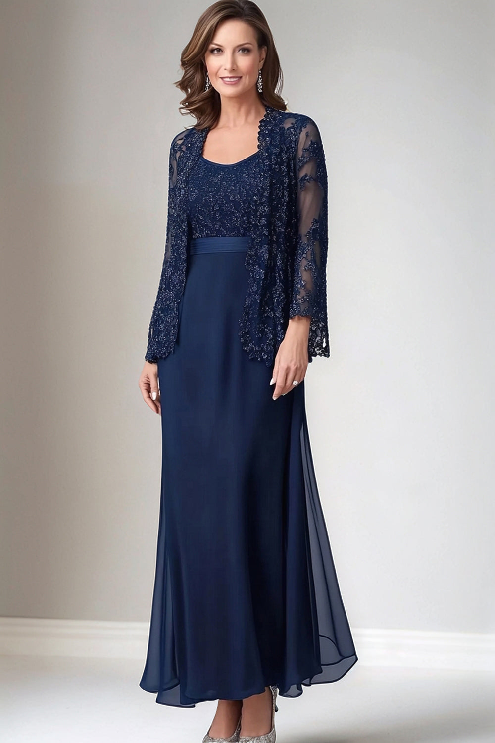Sparkly Navy Chiffon Sheath Long Mother of the Bride Dress with JaceketS