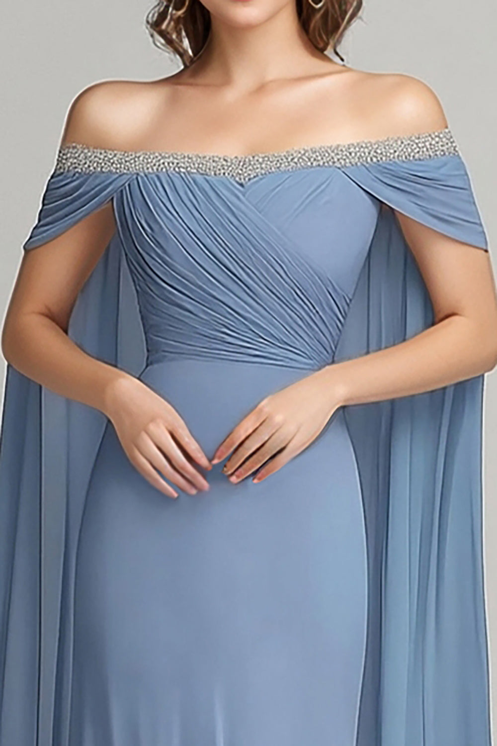 Flowy Grey Blue Sheath Chiffon Maxi Mother of the Bride Dress