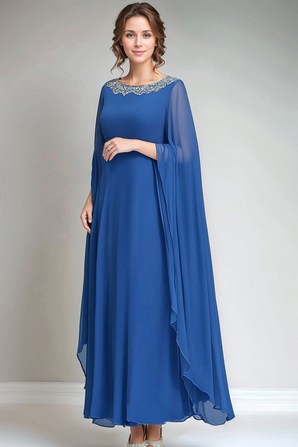 Blue Chiffon Scoop Neck Maxi Mother of the Bride Dress