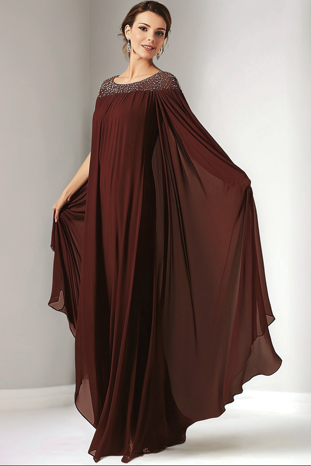 Flowy Burgundy Scoop Neck Chiffon Maxi Mother of the Bride Dress