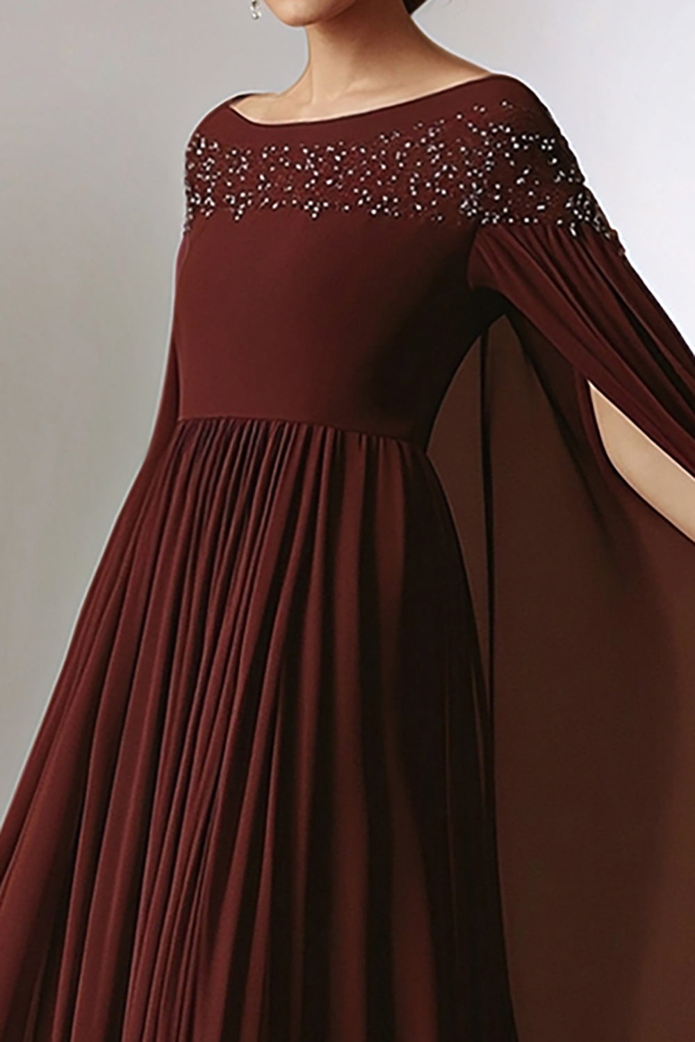 Burgundy A Line Chiffon Flowy Mother of the Bride Dress with Beading