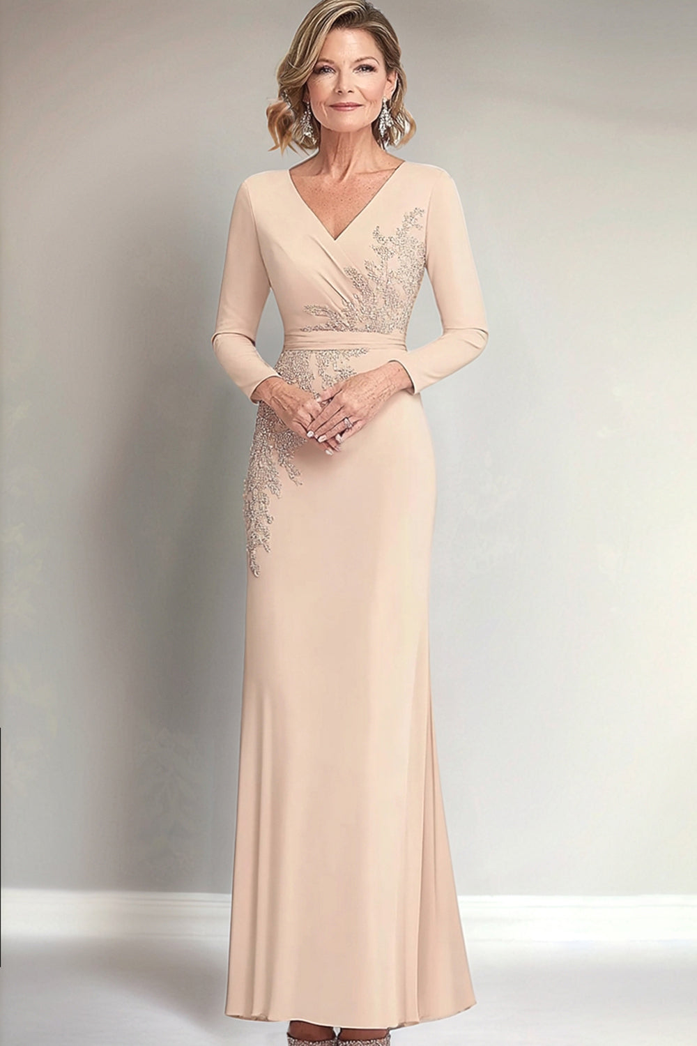 Dresstells Women Wedding Guest Dress Floral Beige Mother of the Bride Dress with Appliques Sparkly Sheath V-Neck Mother of the Groom Dress with Long Sleeves
