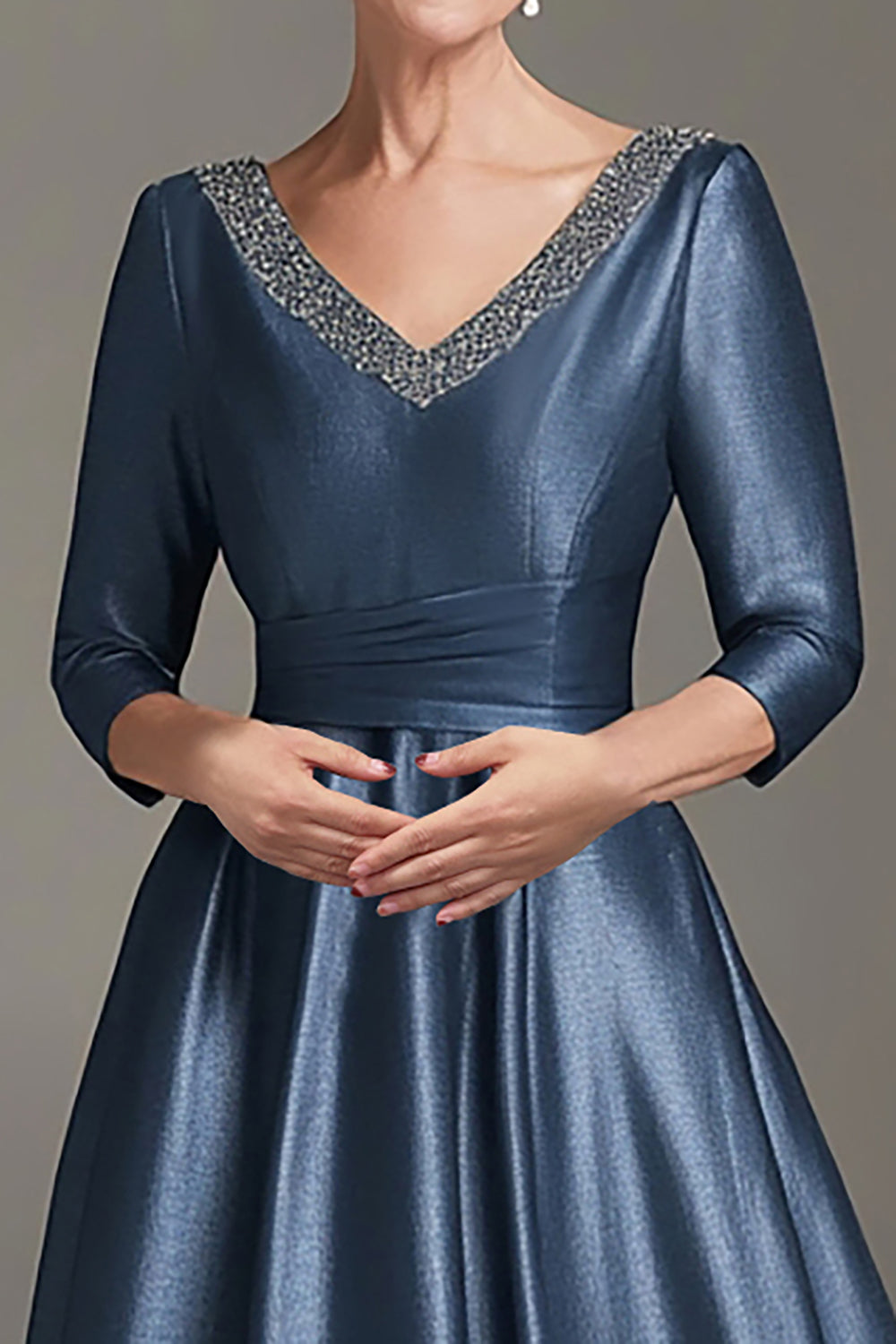 Dark Blue Satin V-Neck A Line Long Mother of the Bride Dress