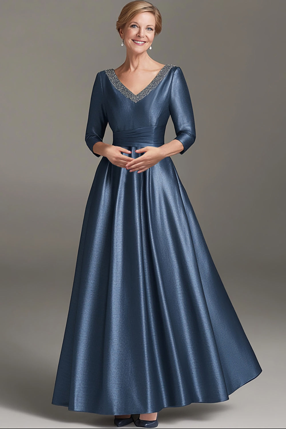 Dresstells Women Wedding Guest Dress Sparkly Dark Blue Satin Mother of the Bride Dress A Line V-Neck 3/4 Sleeves Long Mother of the Groom Dress