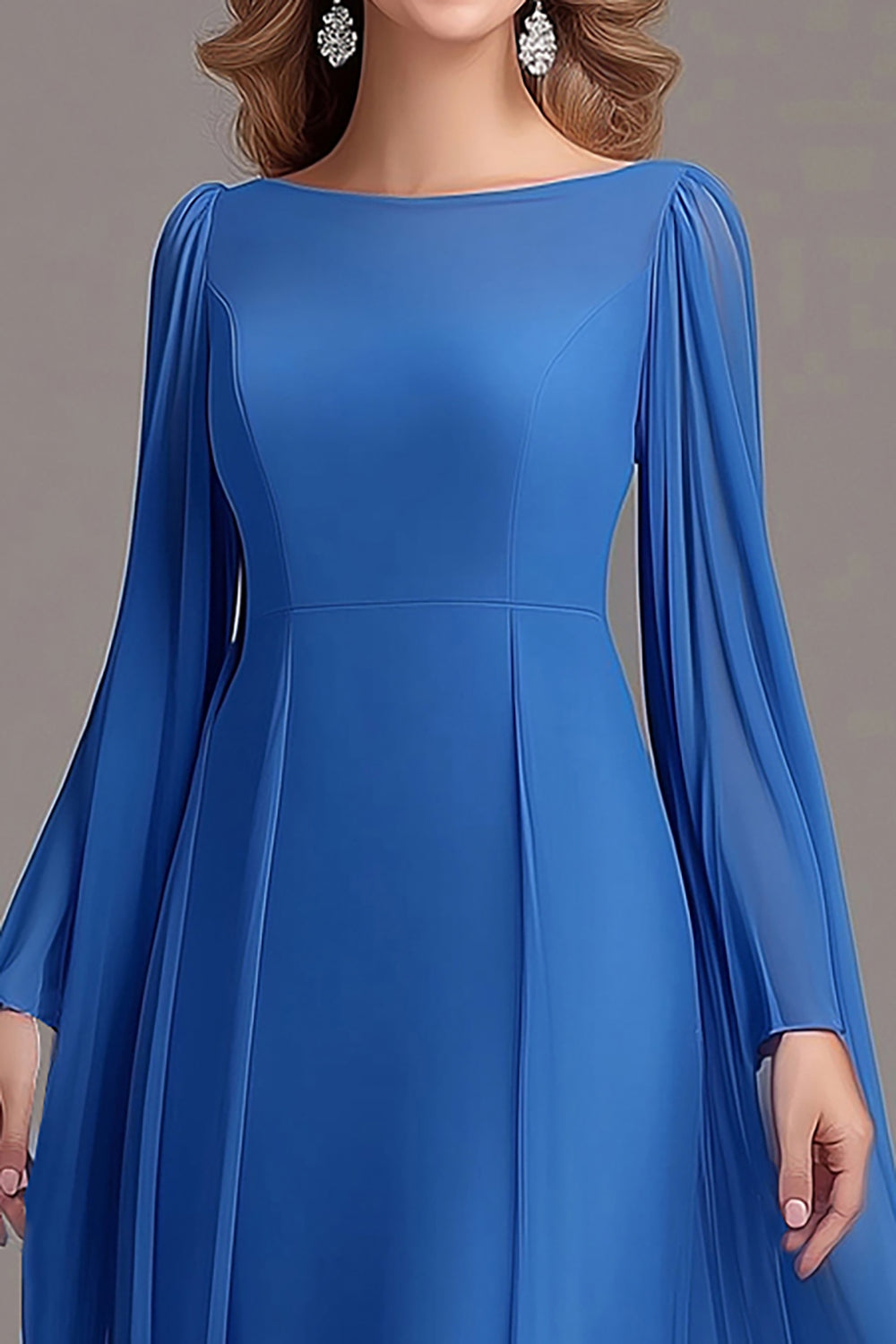 Flowy Blue Sheath Boat Neck Chiffon Long Sleeves Mother of the Bride Dress