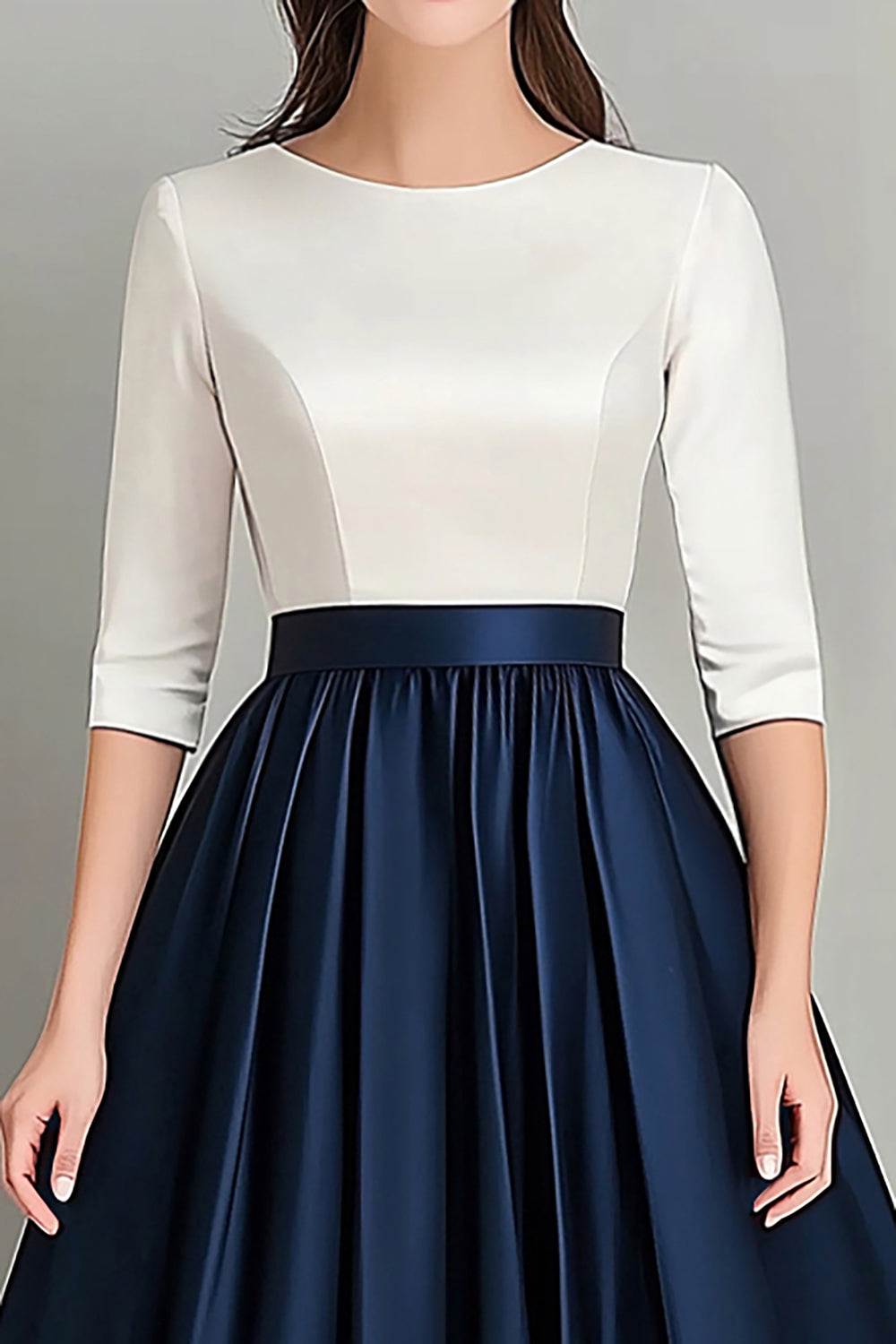Elegant White Navy A Line Pleated Mother of the Bride Dress with Sleeves