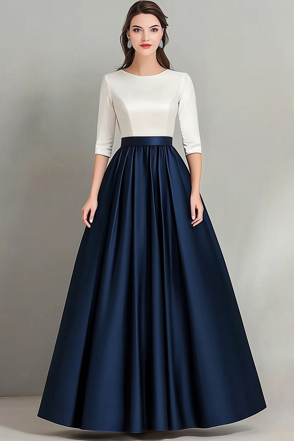 Elegant White Navy A Line Pleated Mother of the Bride Dress with Sleeves