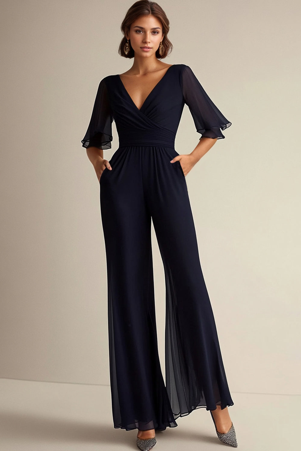 Navy V-Neck Chiffon 1/2 Sleeves Long Mother of the Bride Pantsuit
