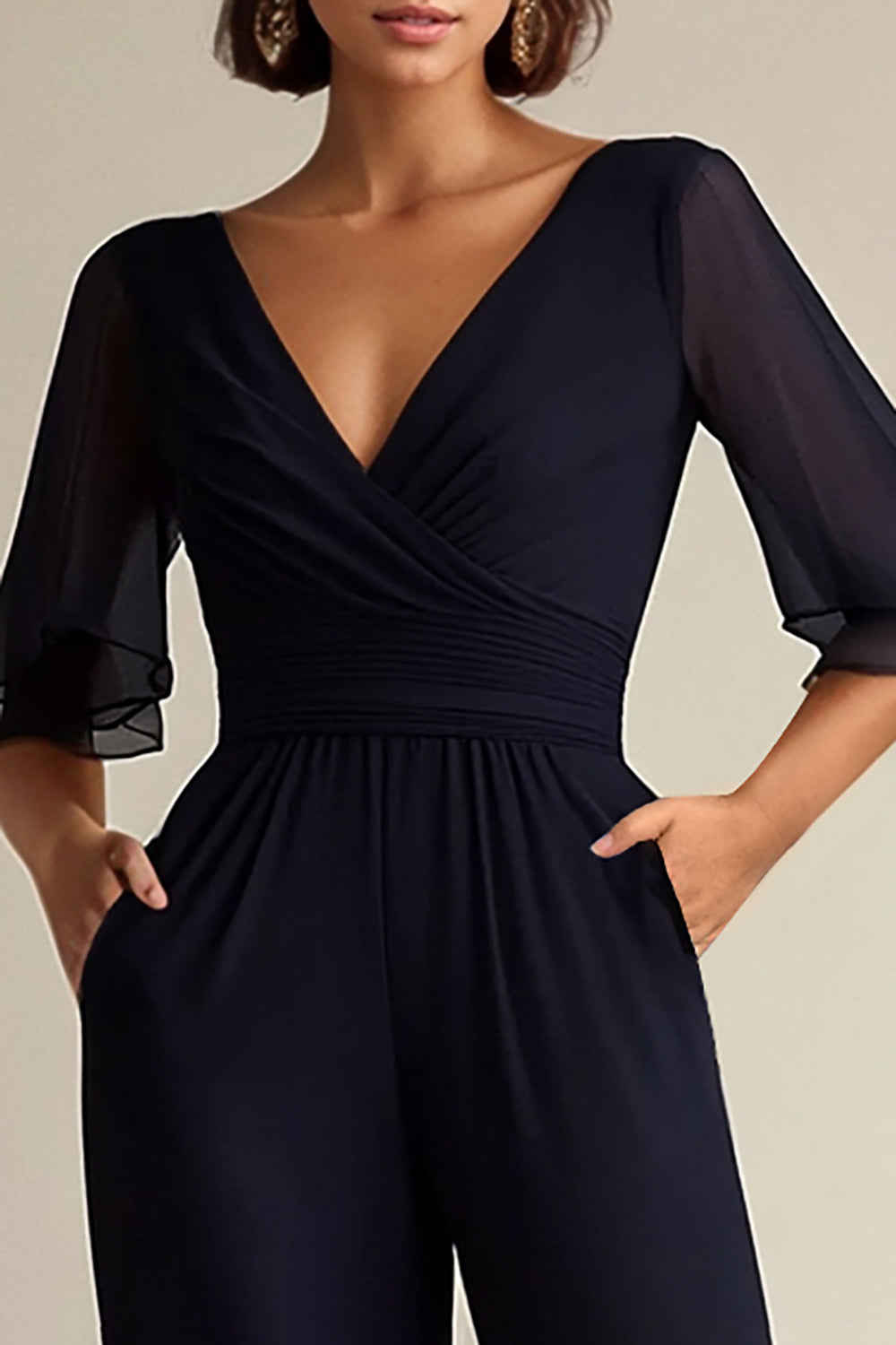 Navy V-Neck Chiffon 1/2 Sleeves Long Mother of the Bride Pantsuit