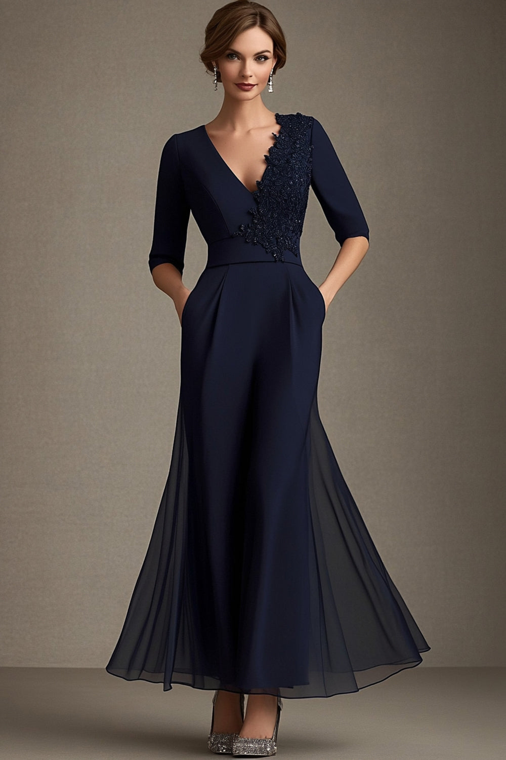 Navy Chiffon V-Neck A Line Mother of the Bride Dress with Appliques