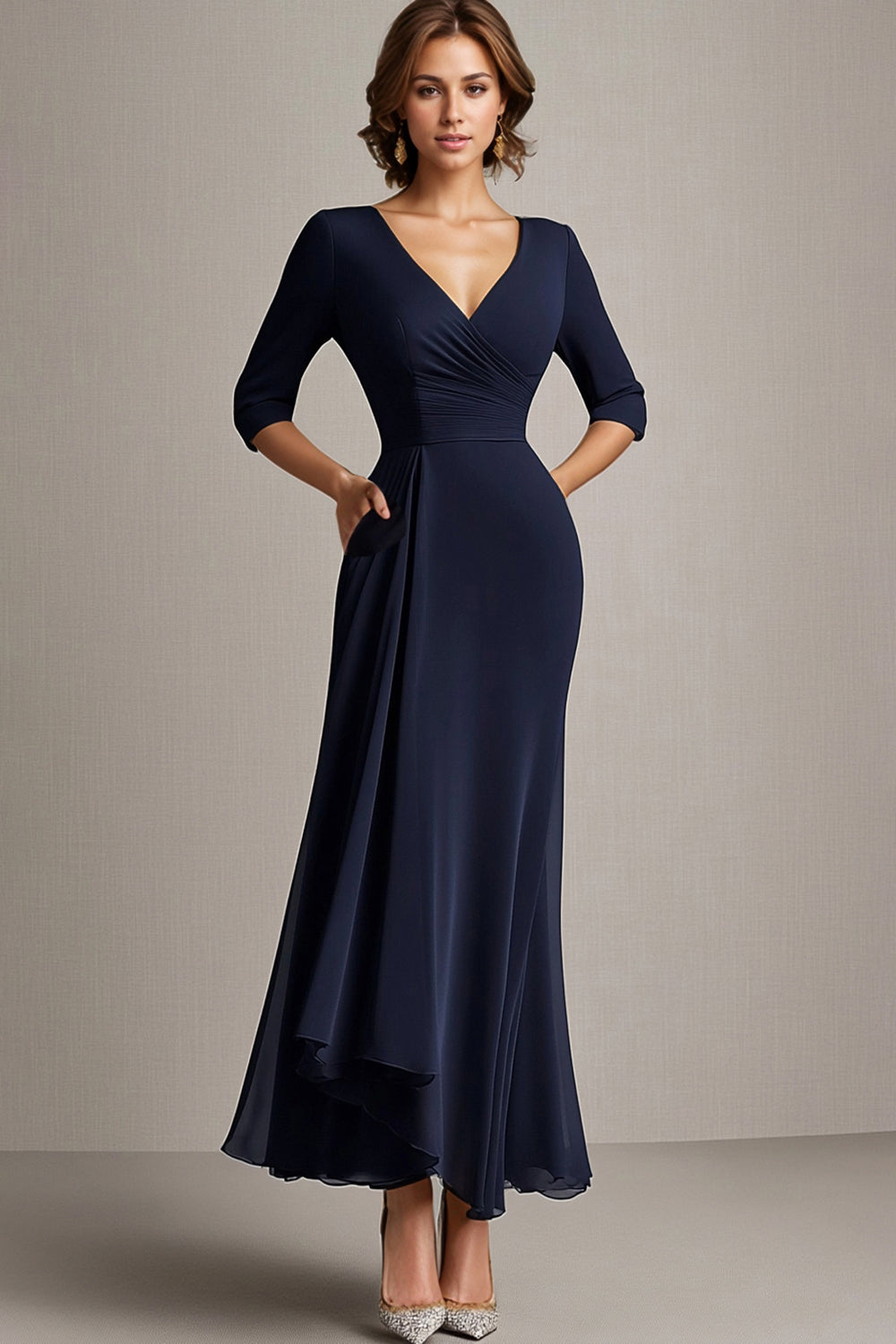 Navy Chiffon V-Neck Sheath Long Mother of the Bride Dress with Sleeves