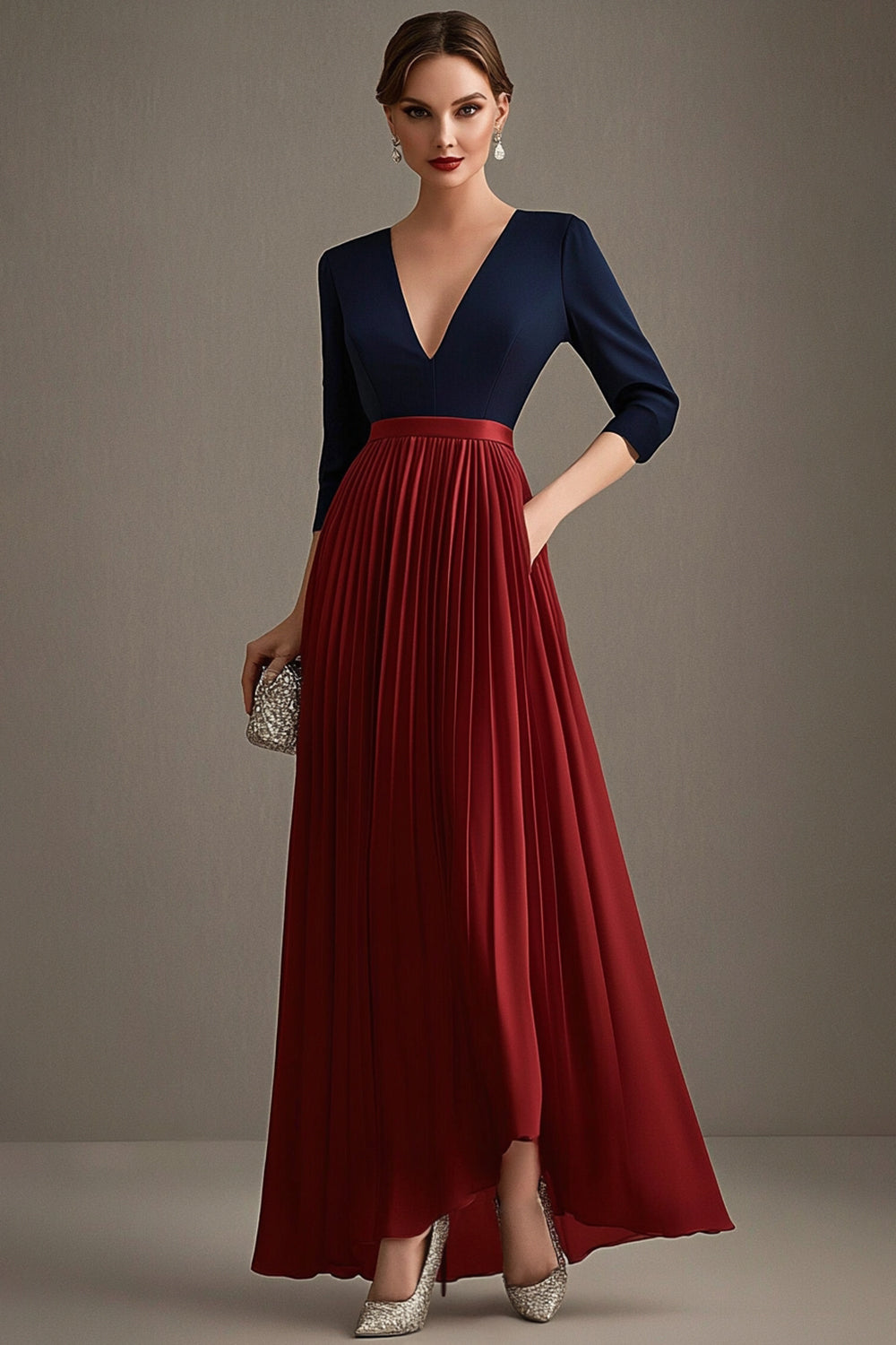 Navy Red A Line V-Neck Pleated 3/4 Sleeves Mother of the Bride Dress