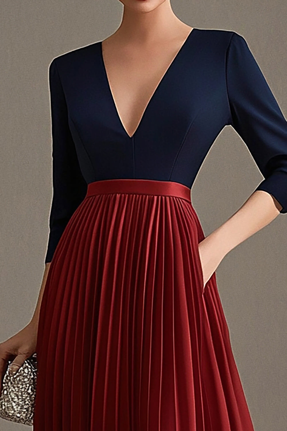 Navy Red A Line V-Neck Pleated 3/4 Sleeves Mother of the Bride Dress