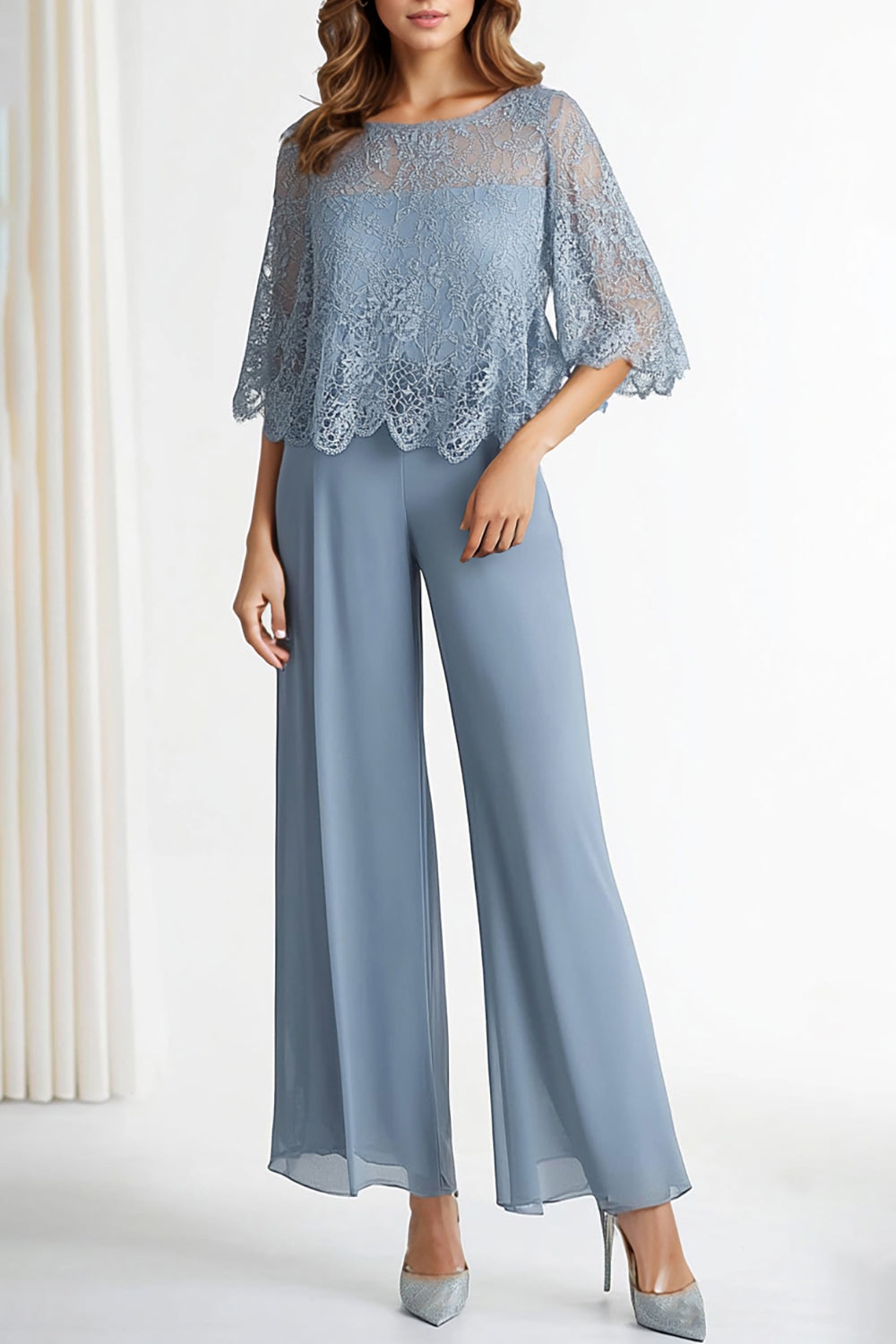 Elegant Grey Blue Boat Neck Mother of the Bride Pantsuit with Lace