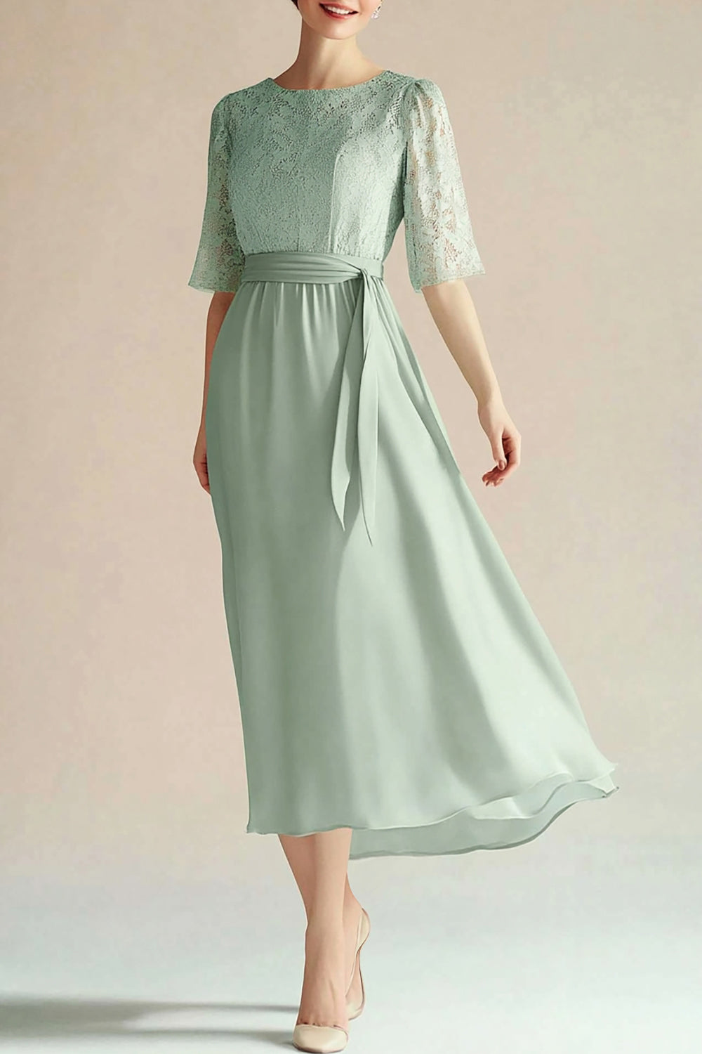 Light Green Chiffon Boat Neck Long Mother of the Bride Dress with Appliques