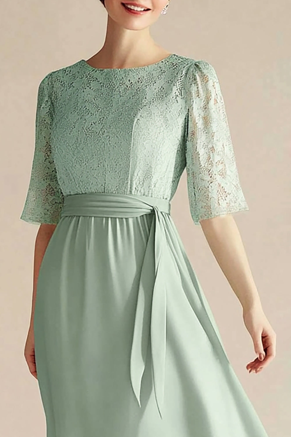 Light Green Chiffon Boat Neck Long Mother of the Bride Dress with Appliques