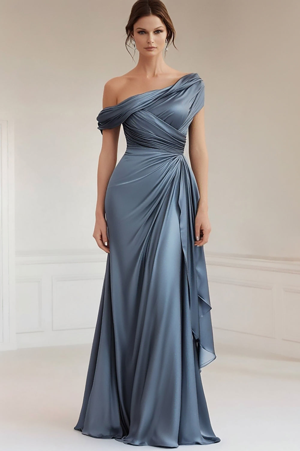 Grey Blue Satin Sheath Asymmetrical Ruched Long Mother of the Bride Dress