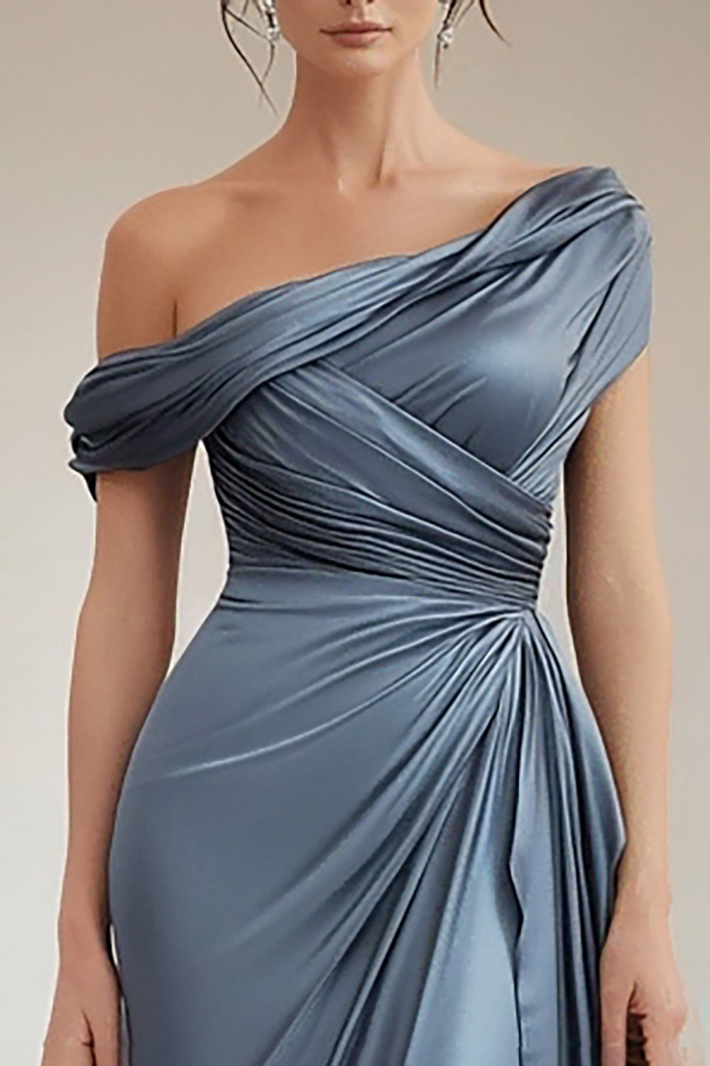Grey Blue Satin Sheath Asymmetrical Ruched Long Mother of the Bride Dress