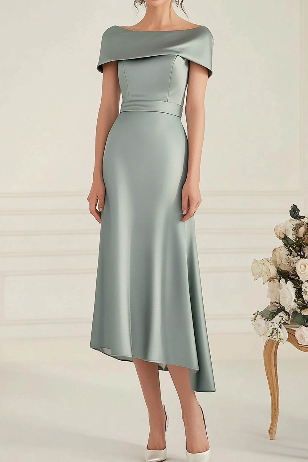 Grey Boat Neck Satin Sheath Long Mother of the Bride Dress