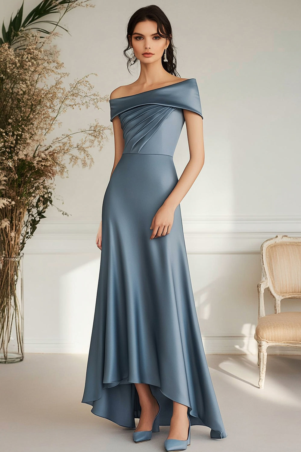Grey Blue Satin Ruched Asymmetical Long Mother of the Bride Dress