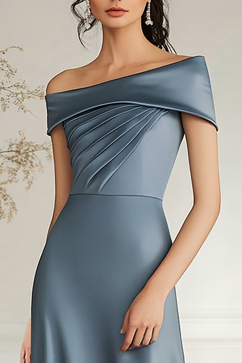 Grey Blue Satin Ruched Asymmetical Long Mother of the Bride Dress
