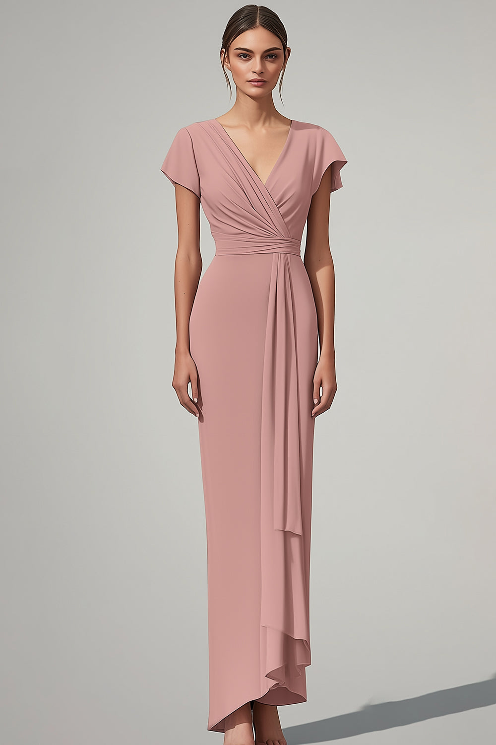 Pin Sheath V-Neck Ruched Long Mother of the Bride Dress